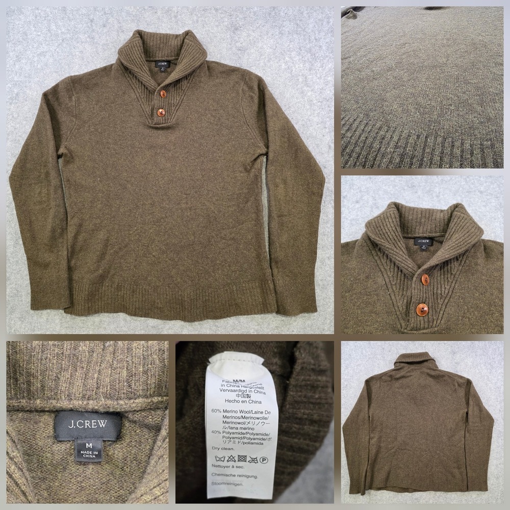 J.Crew Sweater Mens Medium Rugged Merino Wool Shawl Collar Button Knit Pullover